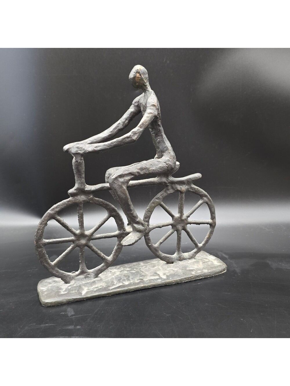 Vintage Brutalist Cast Iron Cyclist Sculpture Mid Century Modern Bicycle Art 9"
